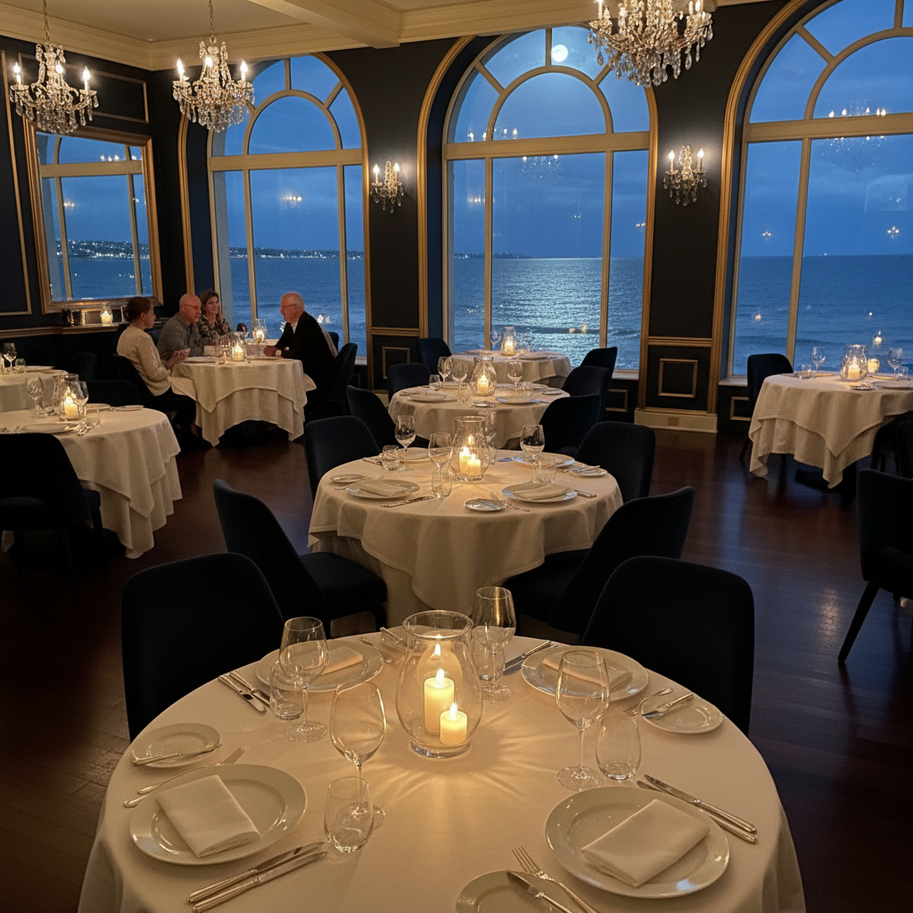 Elegant Newport Beach waterfront restaurant with harbor views and candlelit tables