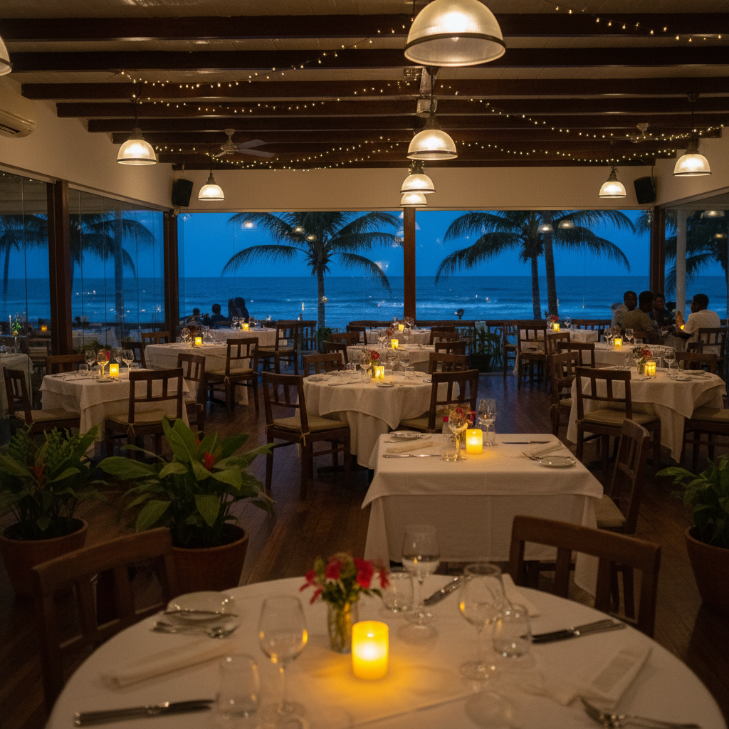 Elegant waterfront dining table with harbor views at dusk in Newport Beach