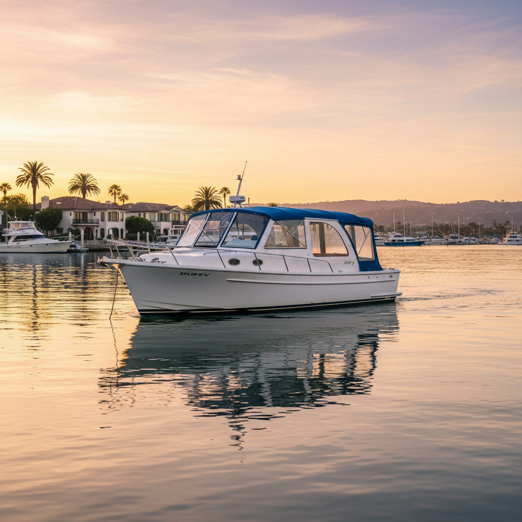 Duffy electric boat gliding through Newport Harbor at sunset